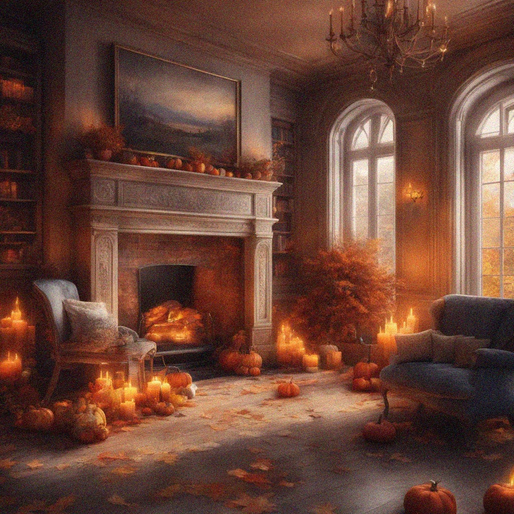 AI generated image of a traditional sitting room with high ceilings and a roaring log fire. There are comfy armchairs and leaves on the floor with candles and pumpkins arranged all round the room