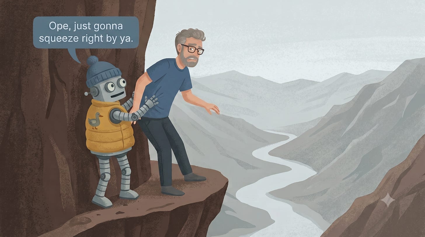 The positions are now flipped: the robot stands safely tucked against the rock wall with a hand on his back, easing him out onto the very lip of the cliff. The man glances back over his shoulder, alarmed, one hand out for balance.