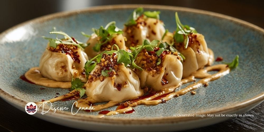 Hunan dumplings with peanut sauce at Le Piment Rouge Montreal, creamy and delicately plated.