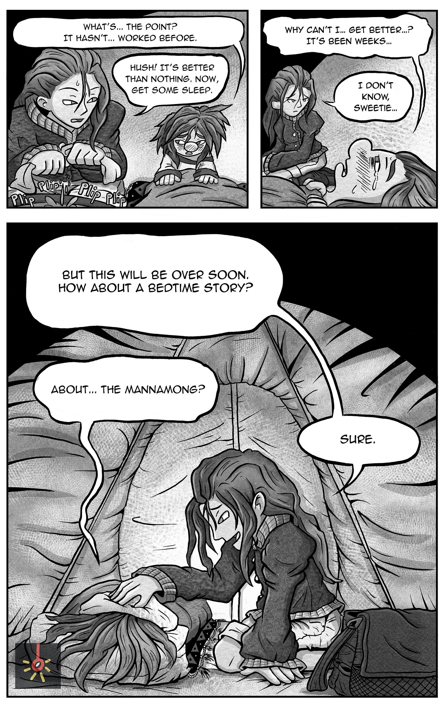Inside the cave tent, Kali questions why her illness isn’t improving and expresses frustration and despair. Her mother tries to soothe her with hope and suggests telling a bedtime story. Kali quietly asks for one about “the mannamong.” Inside the cave tent, Kali questions why her illness isn’t improving and expresses frustration and despair. Her mother tries to soothe her with hope and suggests telling a bedtime story. Kali quietly asks for one about “the mannamong.”