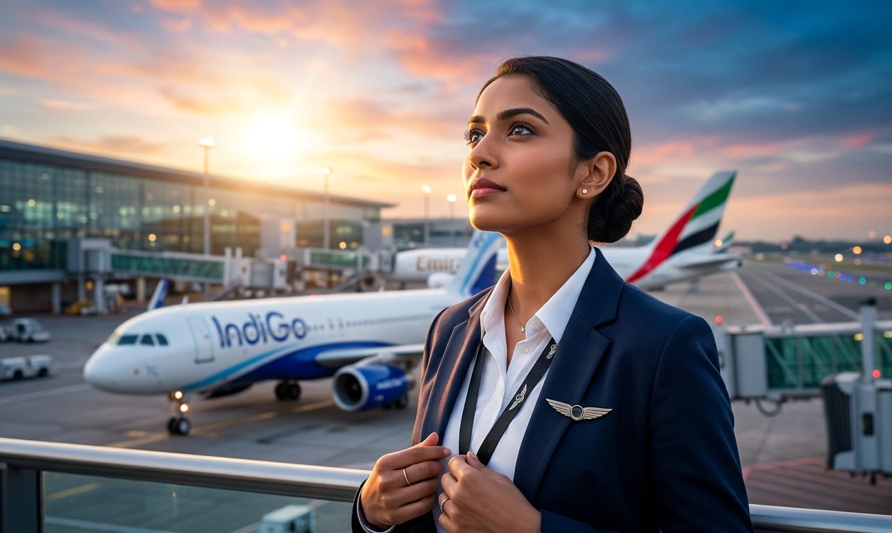 Aspiring cabin crew candidate at a busy cabin crew academy airport at sunset. Aspiring cabin crew candidate at a busy cabin crew academy airport at sunset.