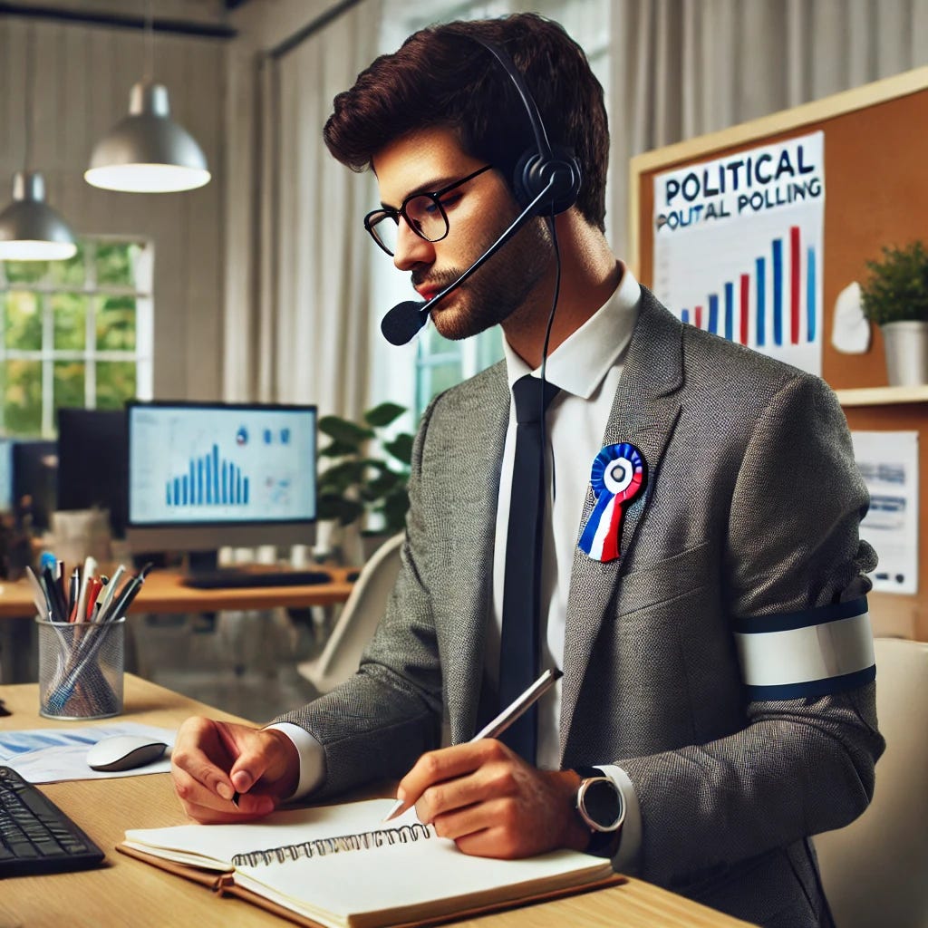 A political pollster working in a modern office environment. The pollster is wearing a professional outfit, with a headset and a microphone attached for communication. They are holding a notepad and a pen, jotting down notes while interacting on the headset. In the background, there are office supplies, a computer, and a bulletin board with charts and graphs related to political polling. The overall scene suggests a busy and focused work atmosphere, with the pollster deeply engaged in their task.