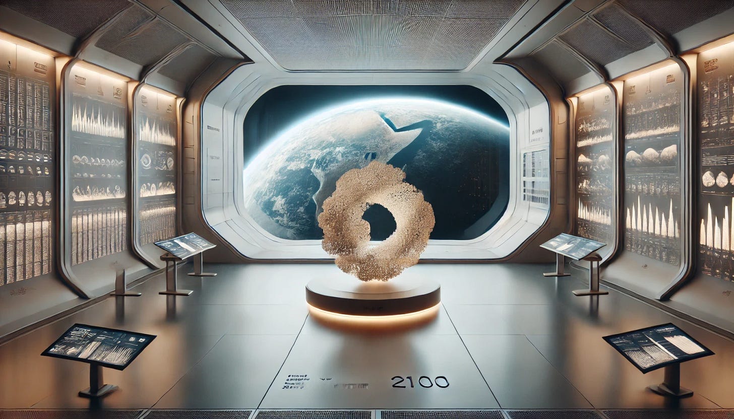 Space-based digital artwork showing a sculptural data-like form floating in a futuristic observation room, with Earth visible through the window. Represents the transformation of abstract data into physical presence.