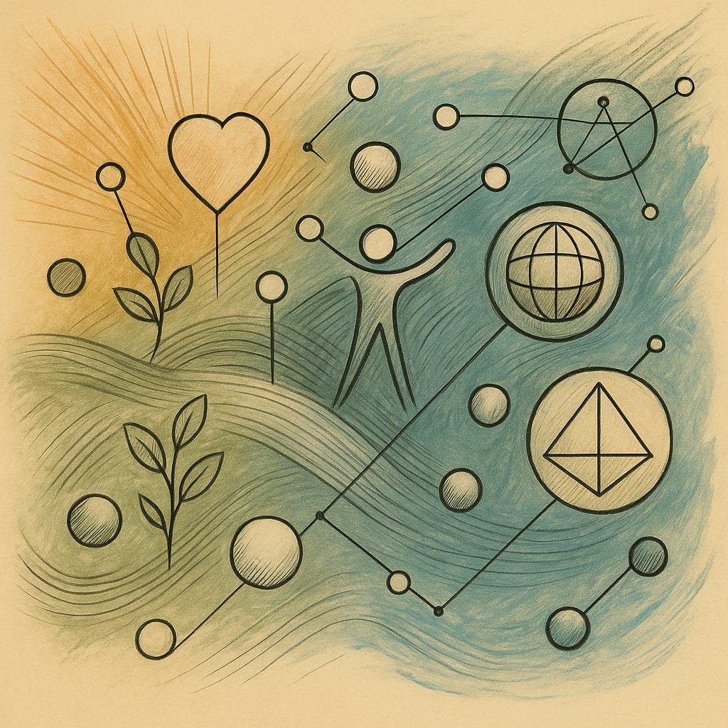 An abstract hand-drawn illustration in soft earthy tones of beige, blue, and green. The image features flowing lines, geometric shapes, and symbolic elements such as a heart, a globe, interconnected circles, and a central human figure with outstretched arms. Stylized plants and nodes suggest themes of connection, growth, and global impact. The composition is textured, resembling a traditional illustration using ink and colored pencils or pastels.