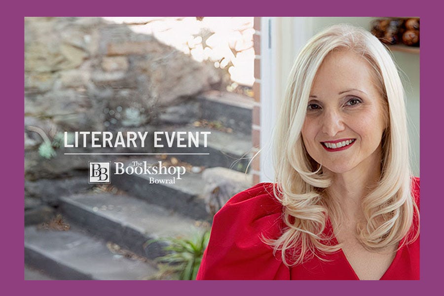 Text: Literary Event, The Bookshop Bowral. Images of Belinda Alexandra smiling