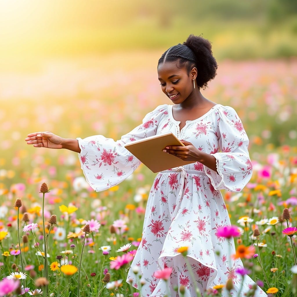 Provide me a realistic image of a Light-skinned African American woman with dancing in a field of Flowers with a notepad reading from it
