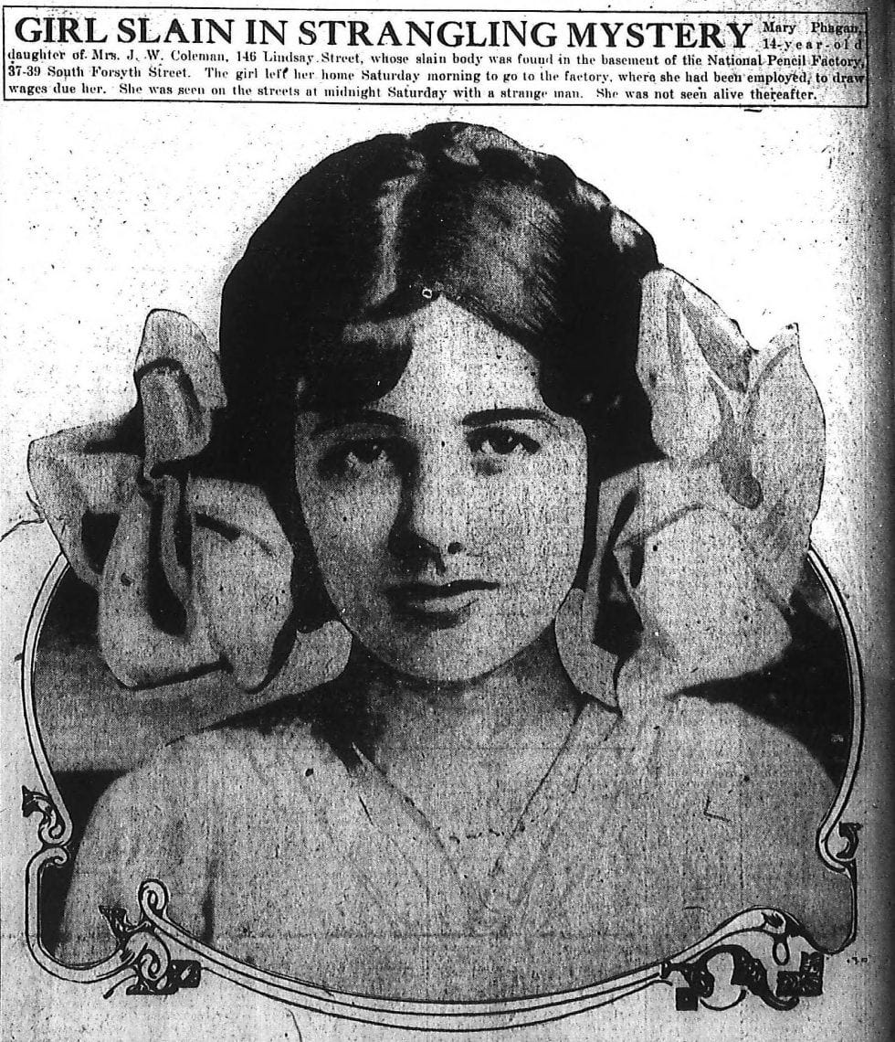 Mary Phagan as depicted in the Atlanta Journal. 28 April 1913 (Crop from copy Of Atlanta Journal)