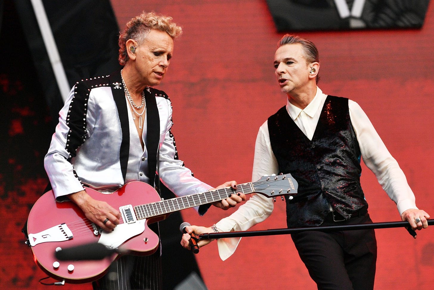 LONDON, ENGLAND - JUNE 17: Martin Gore and Dave Gahan of Depeche Mode perform on stage during the Memento Mori World Tour at Twickenham Stadium on June 17, 2023 in London, England. (Photo by Jim Dyson/Getty Images)