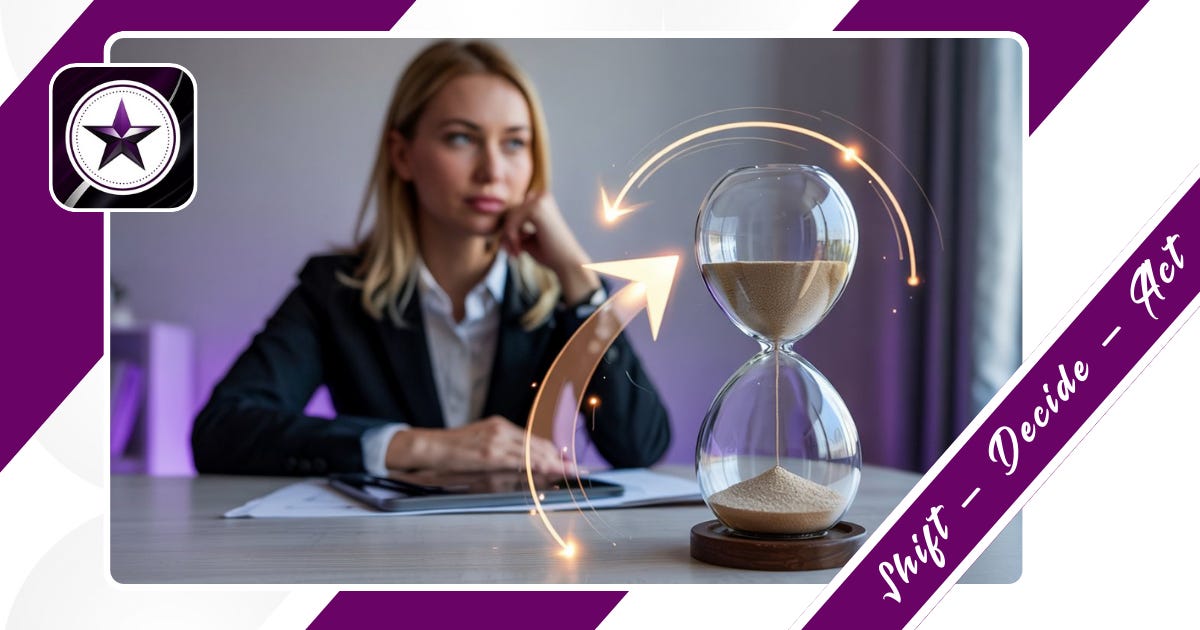 From Overthinking to Action: Time waits for no one. Business woman at a desk with an hourglass and a glowing arrow pointing forward.