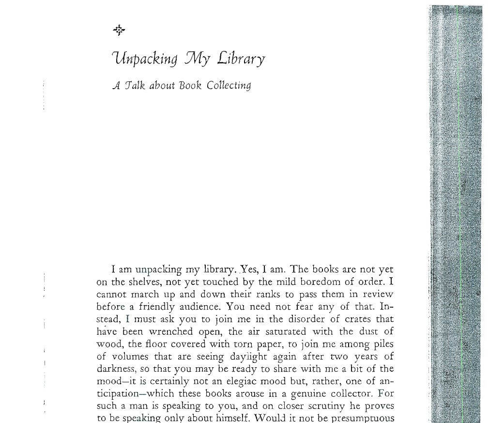 Screenshot of a fragment of the scanned version of the first page of Unpacking My Library by Walter Benjamin Screenshot of a fragment of the scanned version of the first page of Unpacking My Library by Walter Benjamin