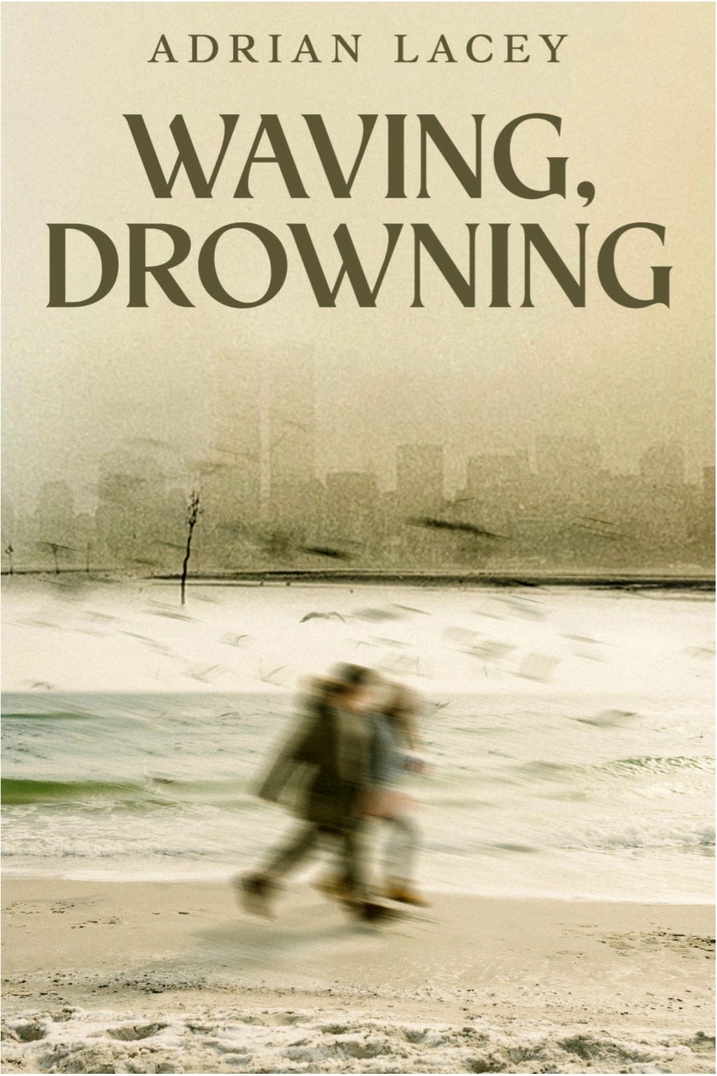 Cover of 'Waving, Drowning' showing two blurred characters by the ocean with overlaid tree saplings and the pre-9/11 Manhattan skyline beyond.
