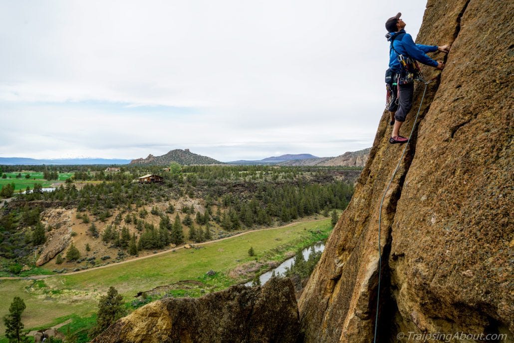 Nothing like a trad lead to keep the heart rate high. Here I am on Spiderman at Smith Rock. Nothing like a trad lead to keep the heart rate high. Here I am on Spiderman at Smith Rock.