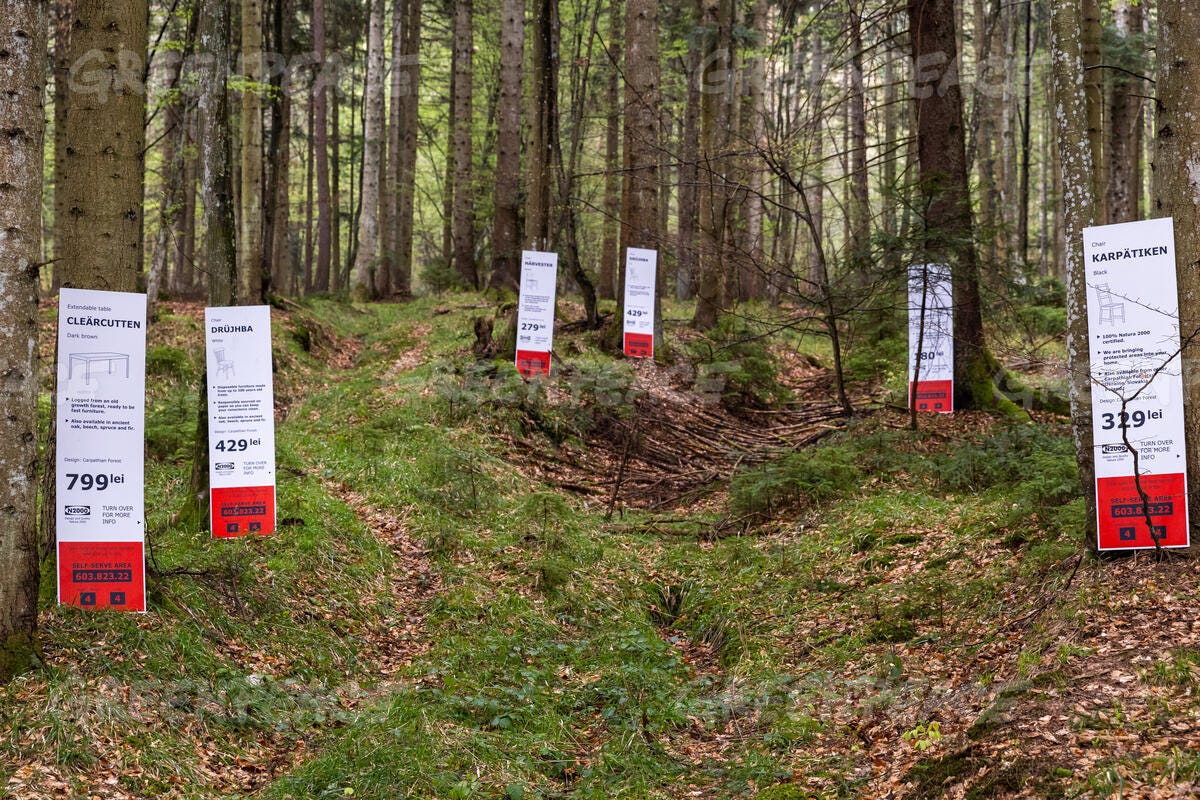 Campaign image of IKEA adverts attached to trees in Romanian forests with price tags