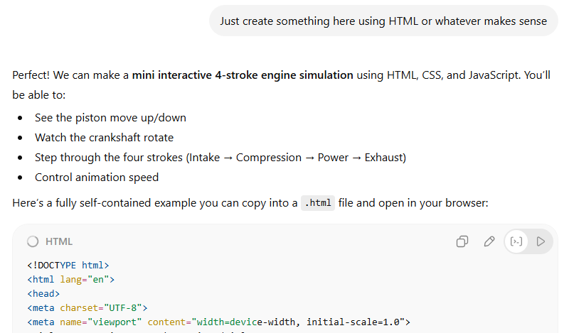 ChatGPT's bare-bones HTML 4-stroke engine simulation showing a gray rectangle piston inside a black-bordered cylinder, Start and Pause buttons, a speed slider, and a "Stroke: Compression" label, with no part labels or explanatory annotations