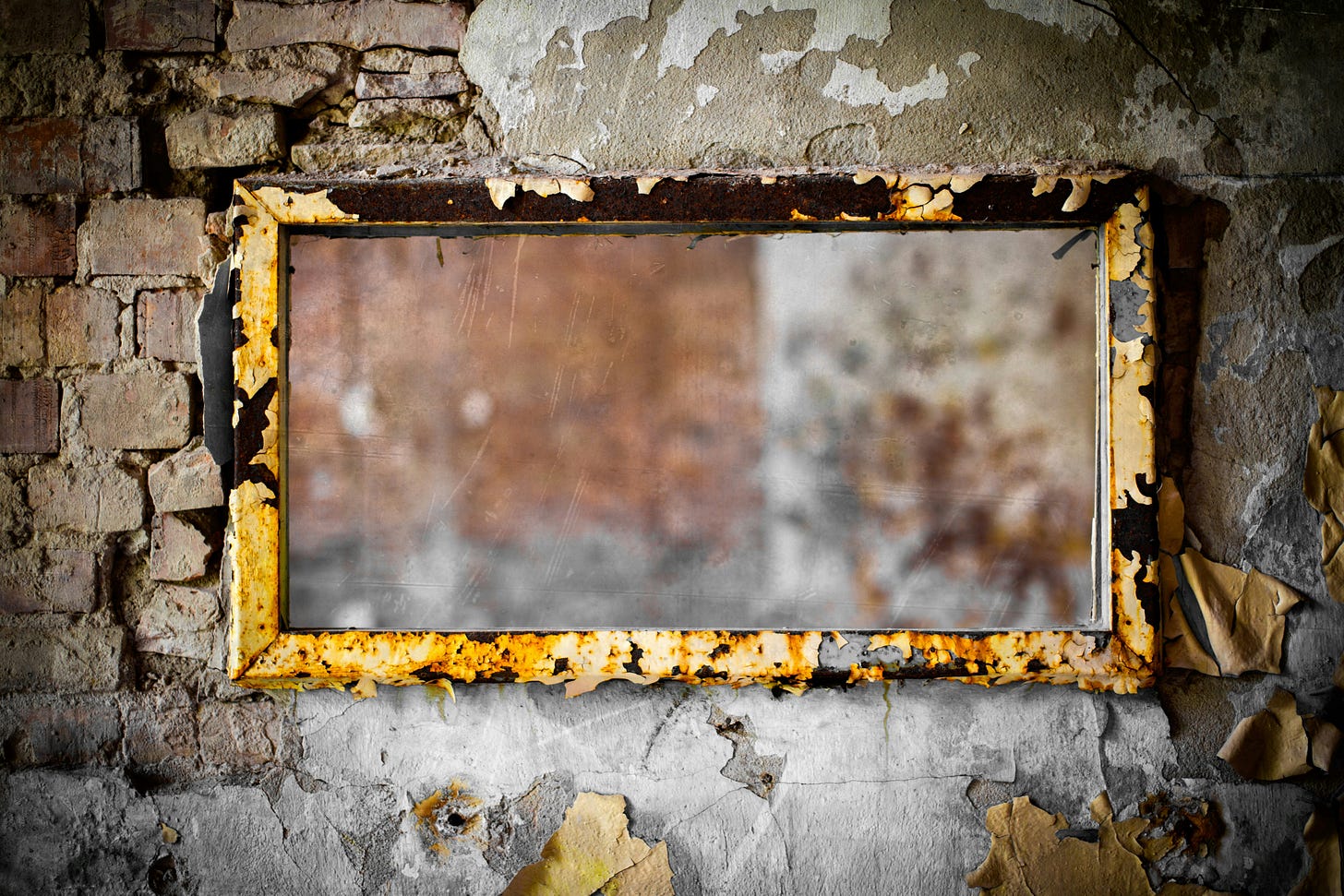 Image of a mirror with an old worn frame on a brick wall.