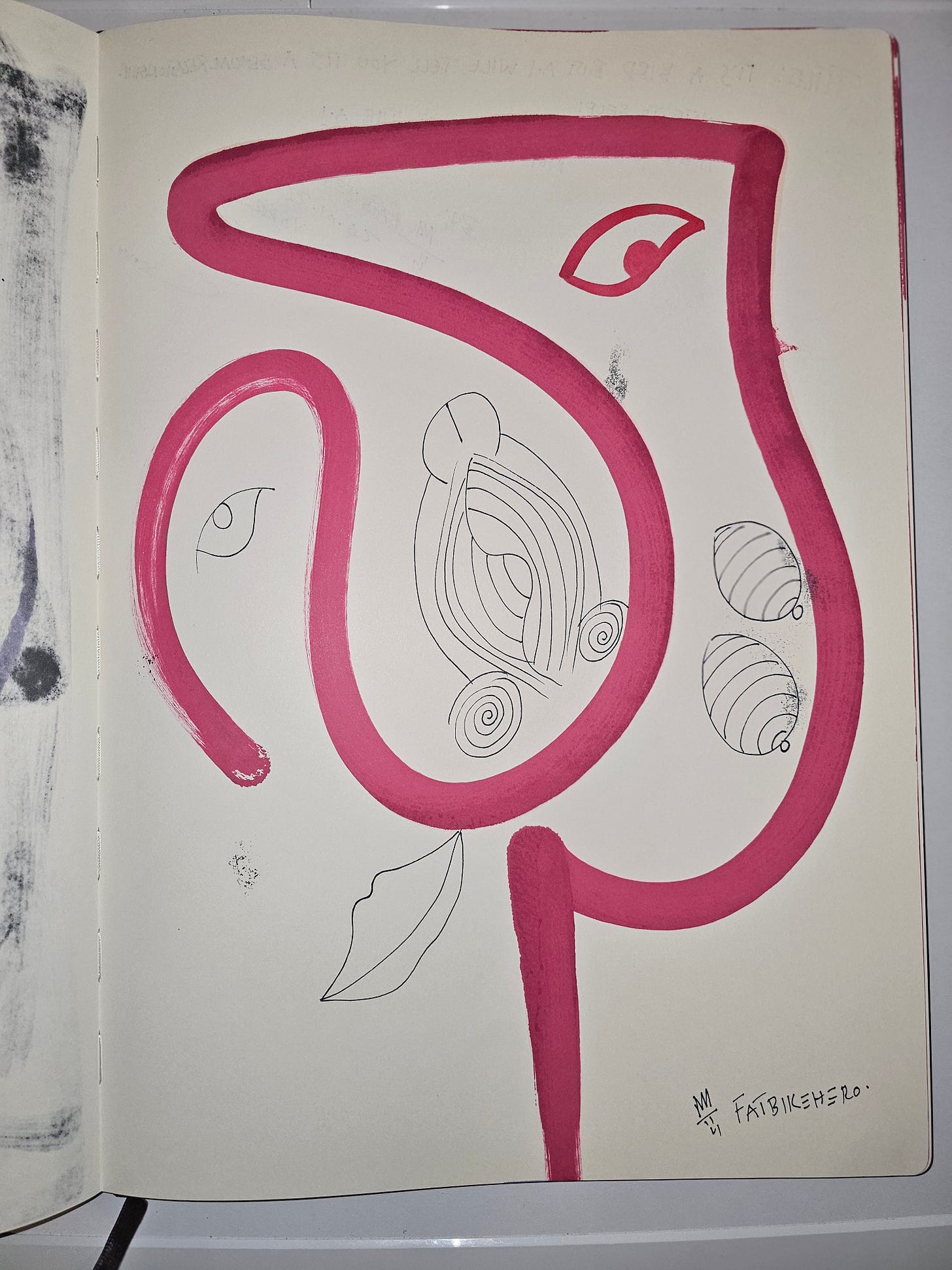 Alt Text: A sketchbook drawing by FatbikeHero (b. 1983) featuring a bold pink abstract bird outline containing detailed black ink drawings of organic, shell-like shapes and an eye. Alt Text: A sketchbook drawing by FatbikeHero (b. 1983) featuring a bold pink abstract bird outline containing detailed black ink drawings of organic, shell-like shapes and an eye.