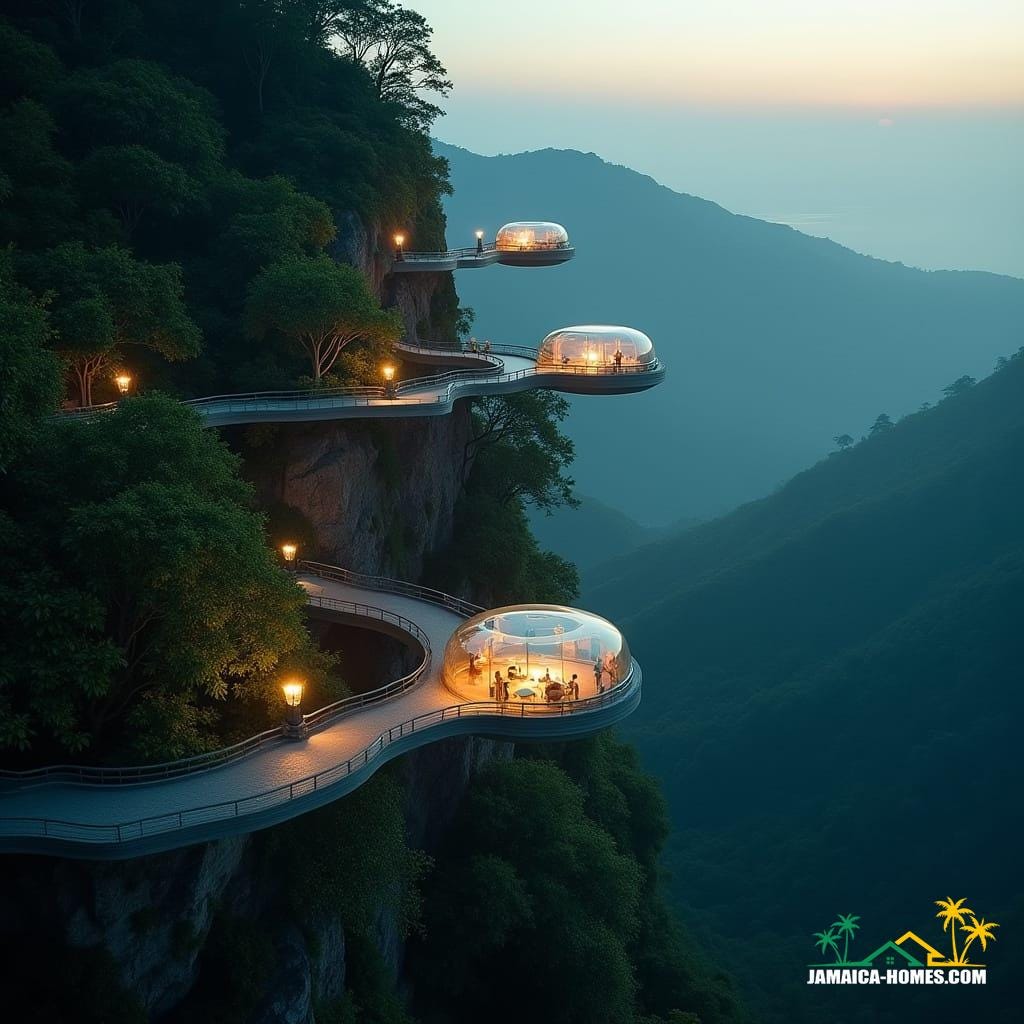 Sky Bridge Villages: Ribbon-like walkways suspended between cliffs, with glass pods that glow softly at night like fireflies above the valleys.