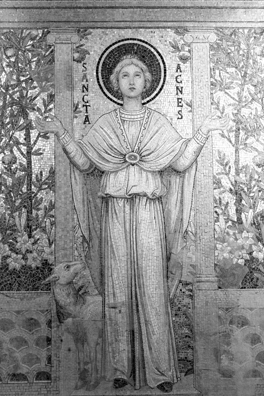 A painting of a woman standing in front of a wall