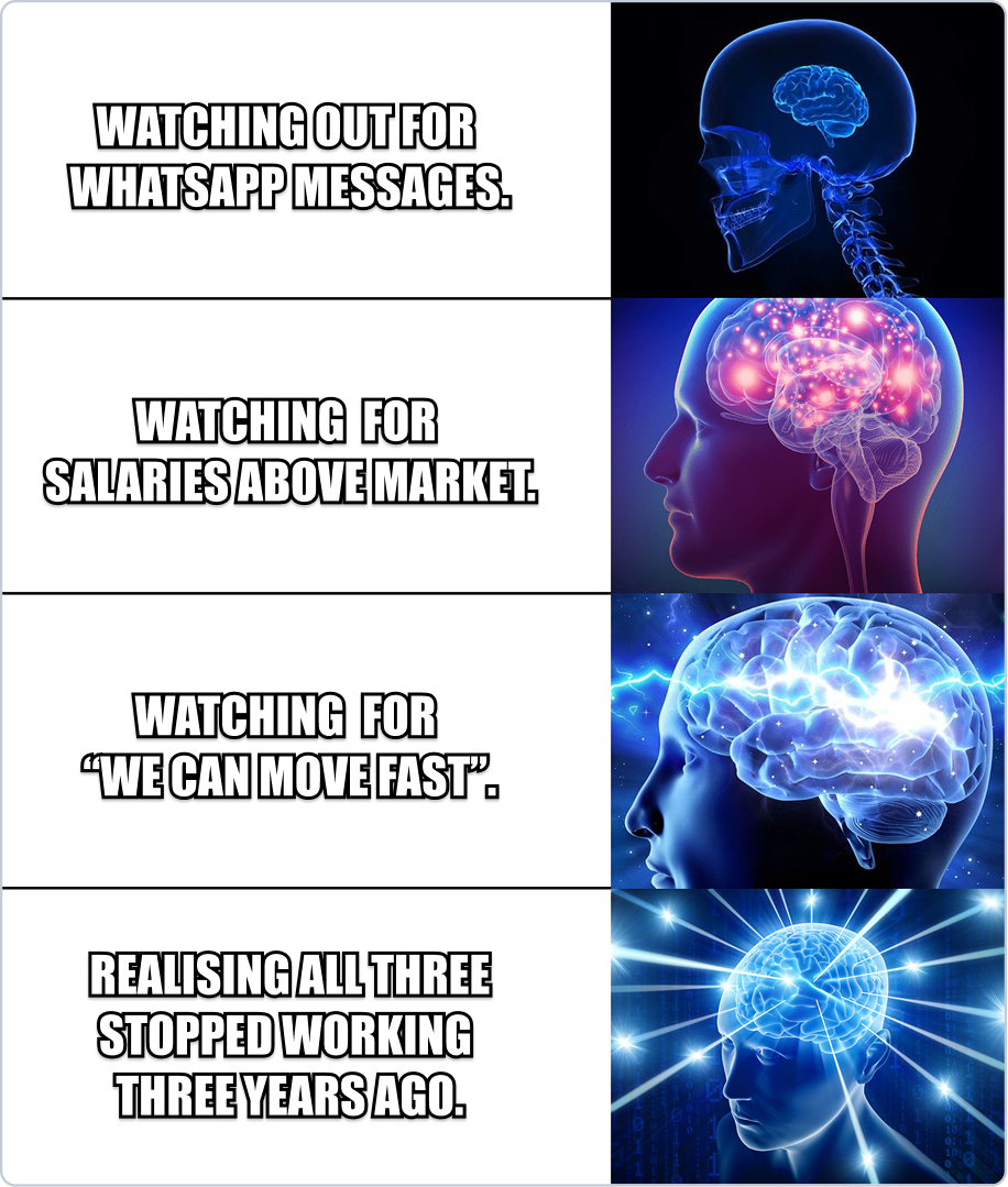 Expanding brain meme showing outdated versus modern job scam warning signs