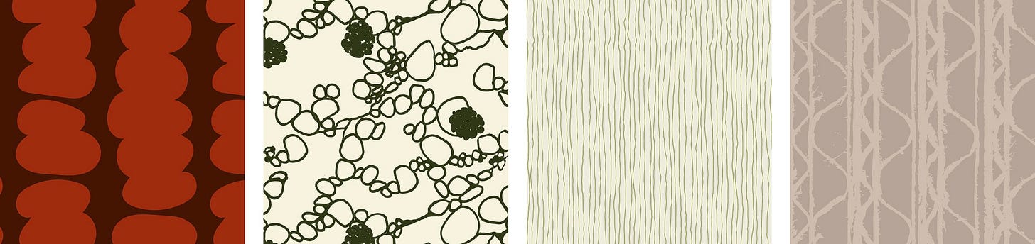 Four repeating patterns with abstract shapes, lines, and neutral tones in red, green, and beige. Four repeating patterns with abstract shapes, lines, and neutral tones in red, green, and beige.