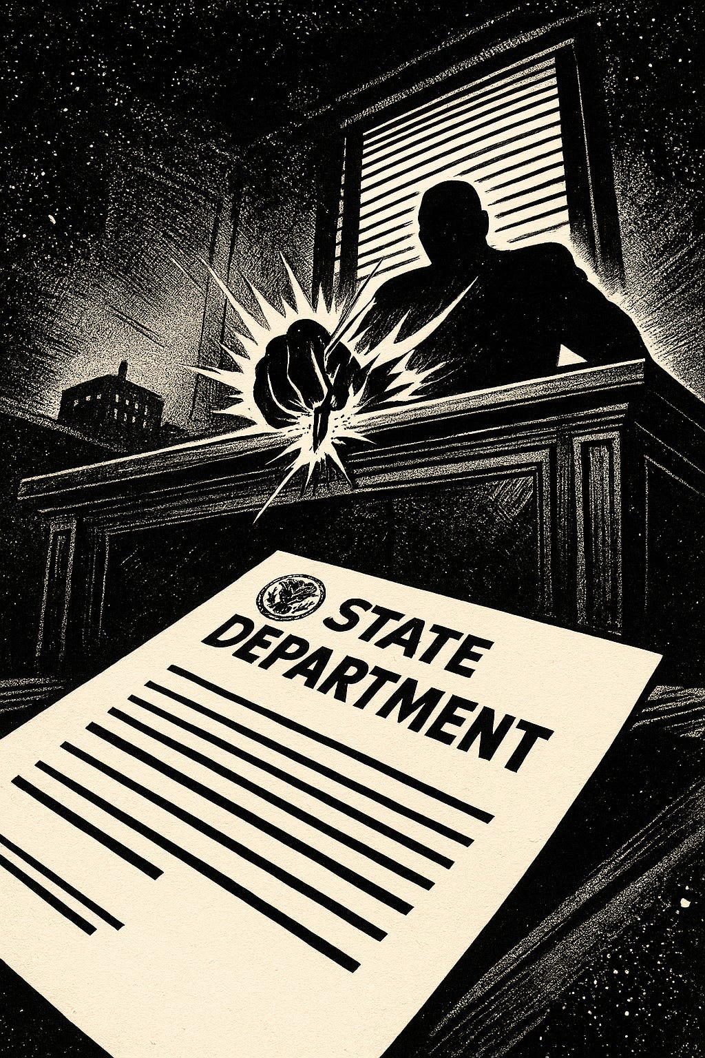 A dramatic Jack Kirbystyle comic book panel depicting a tense governmental moment: EXTREME LOW ANGLE shot looking up at a massive ornate desk in the State Department, creating heroic scale and power dynamics. Behind the desk, a silhouetted authority figure's hand dramatically stamps or signs a document, with KIRBY CRACKLE energy effects radiating from the point of contact between pen and paper. The cable document itself is prominently displayed in the foreground, taking up the lower third of the panel at a bold diagonal angle, with official State Department letterhead visible and stark BLACK INK contrasting against WHITE PAPER. Deep shadows cast across the desk surface, broken by sharp beams of light from a window creating STRONG CHIAROSCURO effect. In the background, barely visible through venetian blind slats, the silhouette of a distant embassy or compound. KIRBY DOTS swirl around the edges of the frame suggesting cosmic significance and weight of decision. The lighting is DRAMATIC and NOIRINFLUENCED with heavy shadows and sharp highlights. The composition uses EXTREME PERSPECTIVE with the desk and document creating powerful diagonal lines leading the eye. The mood is FOREBODING and FATEFUL, emphasizing the gravity of bureaucratic decisions. Style: bold inking, exaggerated proportions, dynamic energy effects, cinematic framing, epic scale despite mundane subject matter, heavy contrast between pure blacks and whites. Jack Kirby comic book art style, dynamic composition, bold inking, dramatic angles, high contrast black and white with color accents, 1960s Marvel Comics aesthetic, Kirby dots energy effects.png