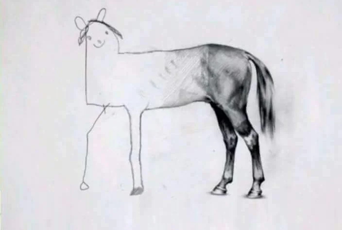 Unfinished horse meme: a drawing of a horse, where the back legs are realistic and the front of the horse is basically a stick figure.
