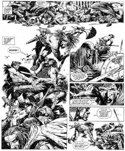 IMAGE: Black and white illustration of a fight scene between mythological beings by Mike McMahon.