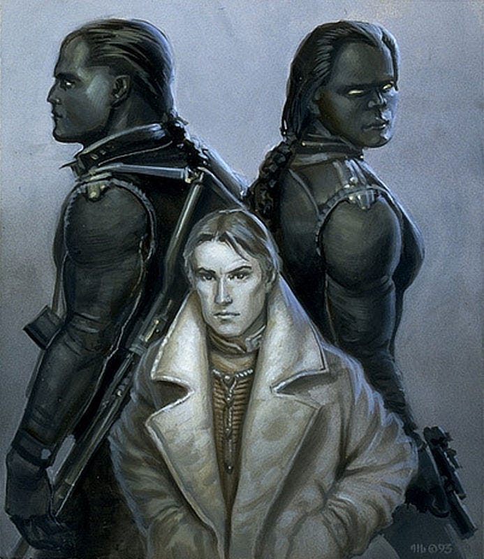 Black and white preliminary concept for FOREIGNER featuring the same pose as the cover except the two bodyguards are both brawny male aliens. The one on the right turns its face to the audience. Costuming on the central figure differs. He wears no headband here and his jacket is pulled tight with the broad, tall lapels rendered plainly with the hint the shirt design beneath being futuristic fashion.