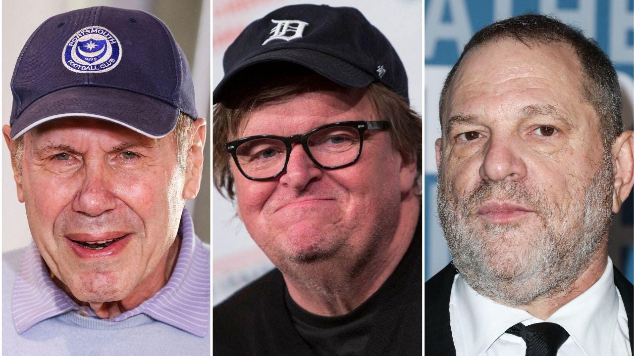 A photo of Michael Eisner alongside a photo of Michael Moore alongside a photo of Harvey Weinstein