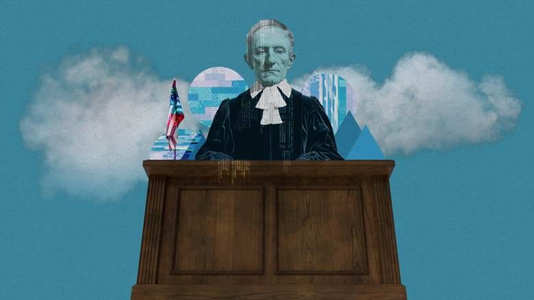view up at a US judge at a bench in the cloud with glitch effects