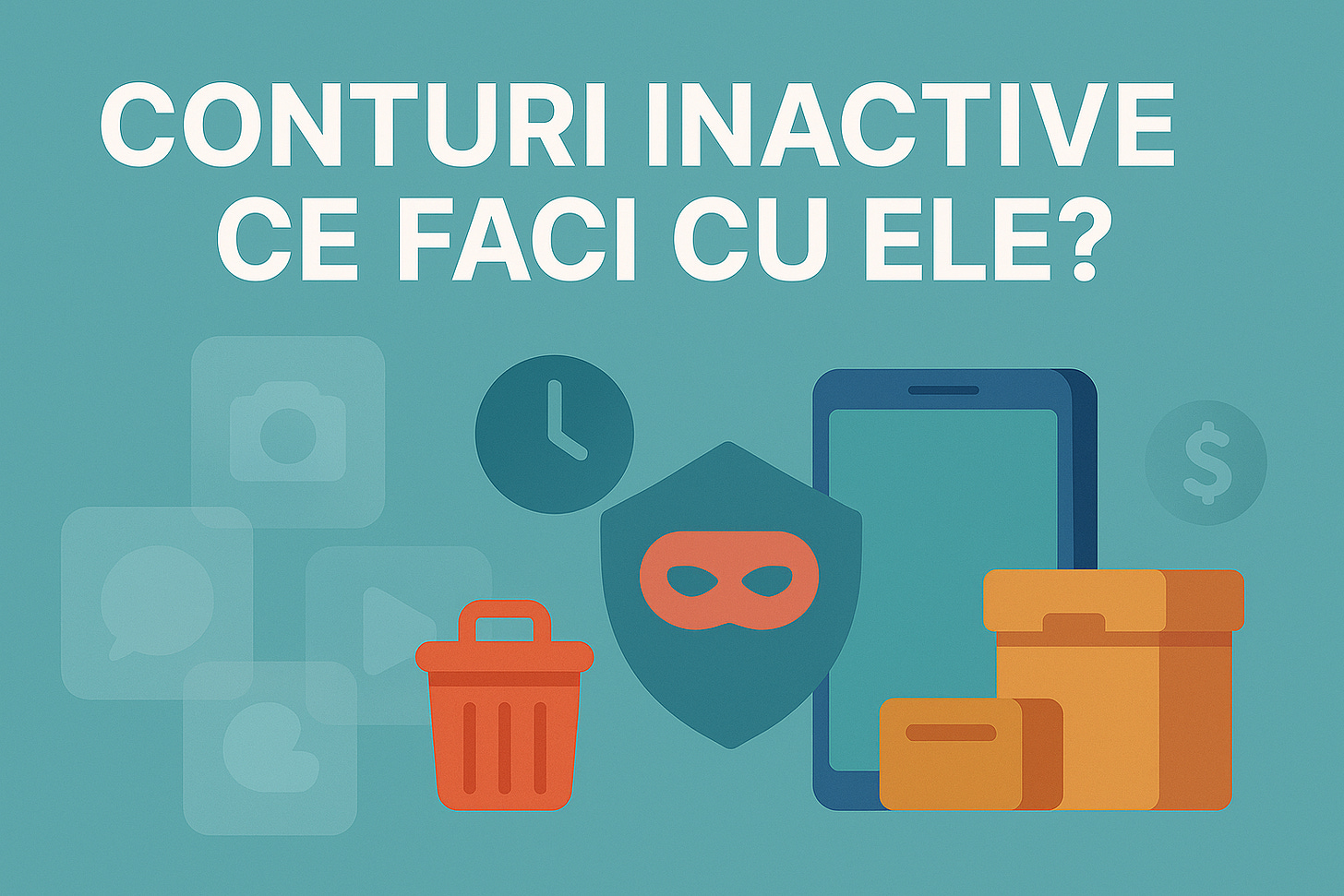 Banner vectorial flat 16 : 9, fundal teal; titlu alb «CONTURI INACTIVE CE FACI CU ELE». În stânga, icon-uri app estompate; în centru pictograme coș de gunoi, cutie arhivare și ceas; lângă, scut cu mască și smartphone – stil minimalist prietenos, linii curate.