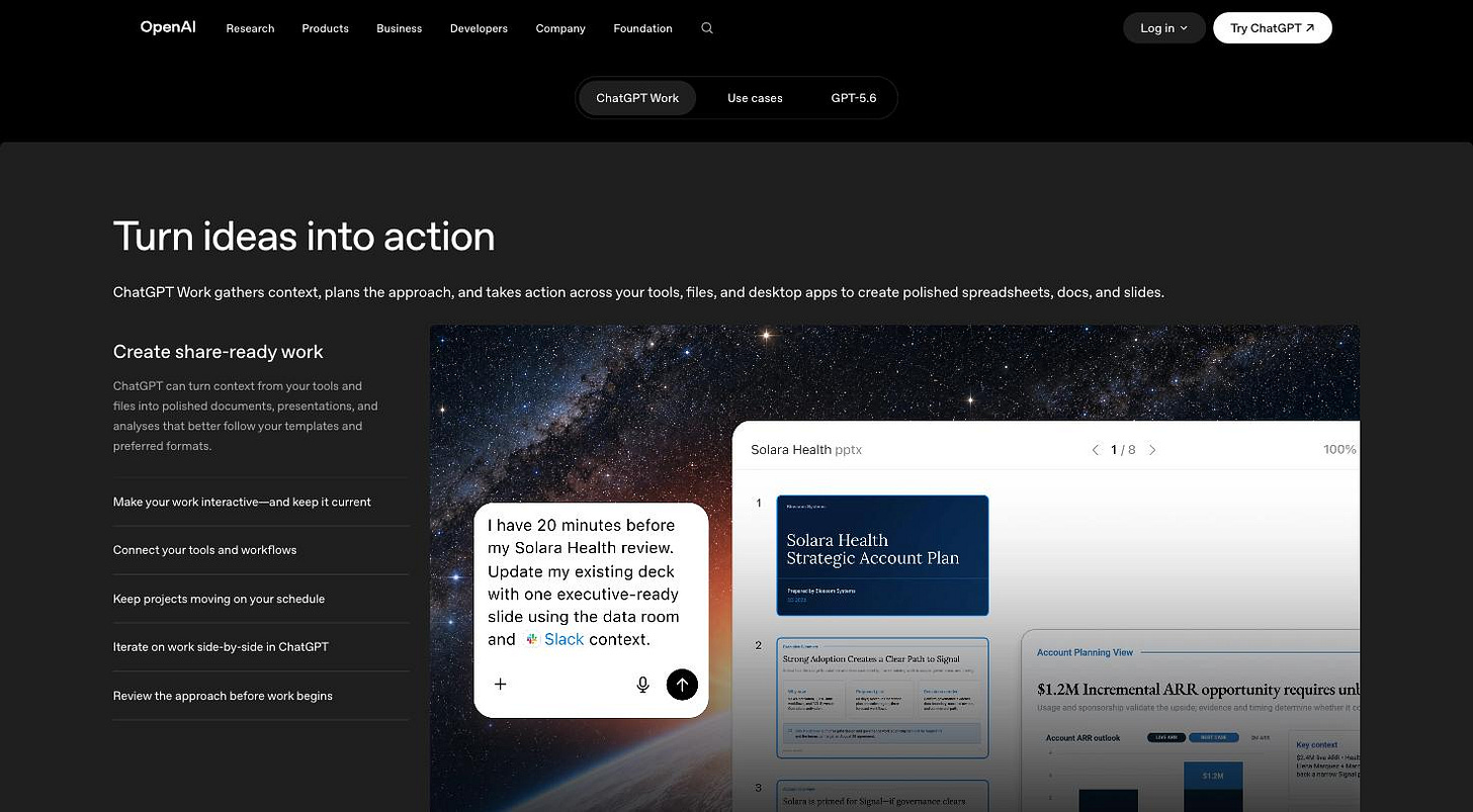 Screenshot of OpenAI's ChatGPT Work page: a prompt asking ChatGPT to update an existing slide deck using data room and Slack context, beside a generated eight-slide presentation.