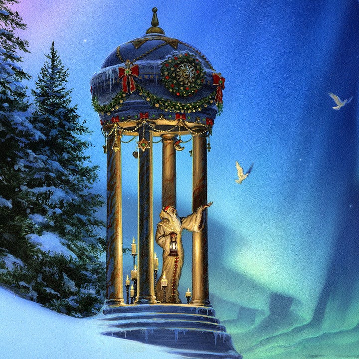 LEFT: Detail from NORTHERN LIGHTS a tiny gazebo with a round dome set in a wintry scene with a backdrop of an aurora rippling through the night sky. A wizardly figure in robes holds a lantern in one hand and releases doves with the other. RIGHT: Close detail from NORTHERN LIGHTS featuring a wizardly figure in robes holding a lantern in his offhand. He gestures with the other hand and doves flutter into the sky. His long white beard trails down his chest. He wears a red cap and cream colored robes with fringed bell sleeves.