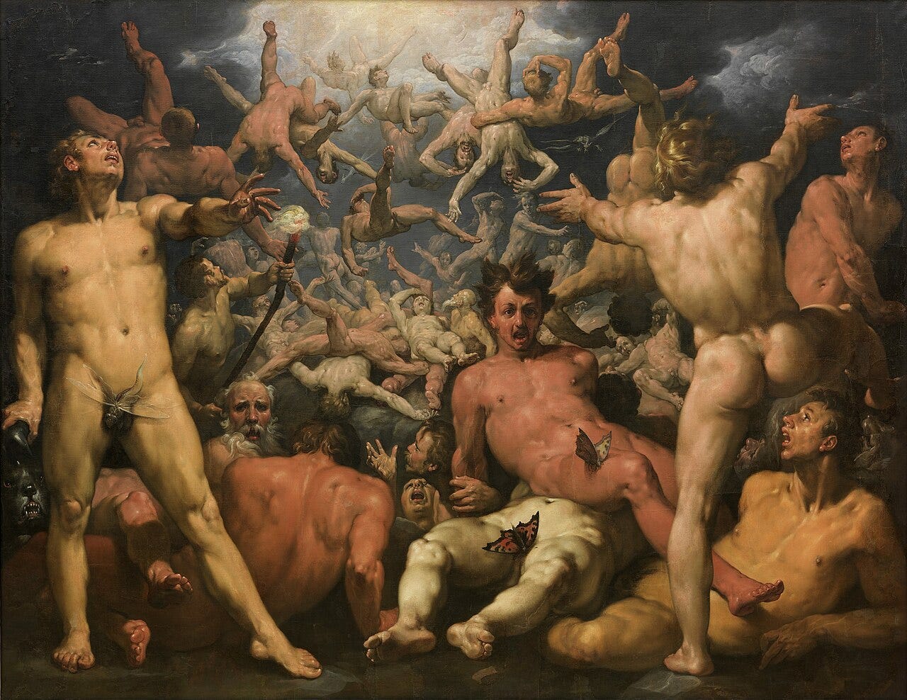 A composição da pintura é impressionante, com os Titãs representados em primeiro plano, caindo do céu e se chocando contra a terra. O uso de linhas diagonais e iluminação dramática cria uma sensação de movimento e tensão na pintura. A paleta de cores é dominada por tons escuros e terrosos, que contribuem para a sensação geral de caos e destruição.  Um aspecto interessante da pintura é a atenção aos detalhes na representação dos Titãs. Cada figura é meticulosamente representada, com musculatura intrincada e rostos expressivos. O uso de encurtamento nas figuras que caem em direção ao observador aumenta a sensação de profundidade e realismo na pintura.