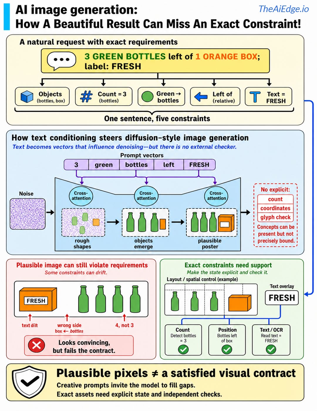 A request for three green bottles left of one orange box with FRESH on the label is decomposed into objects, count, color, position, and text. A diffusion illustration leads to a plausible but incorrect layout, contrasted with explicit layout and count, position, and text checks.