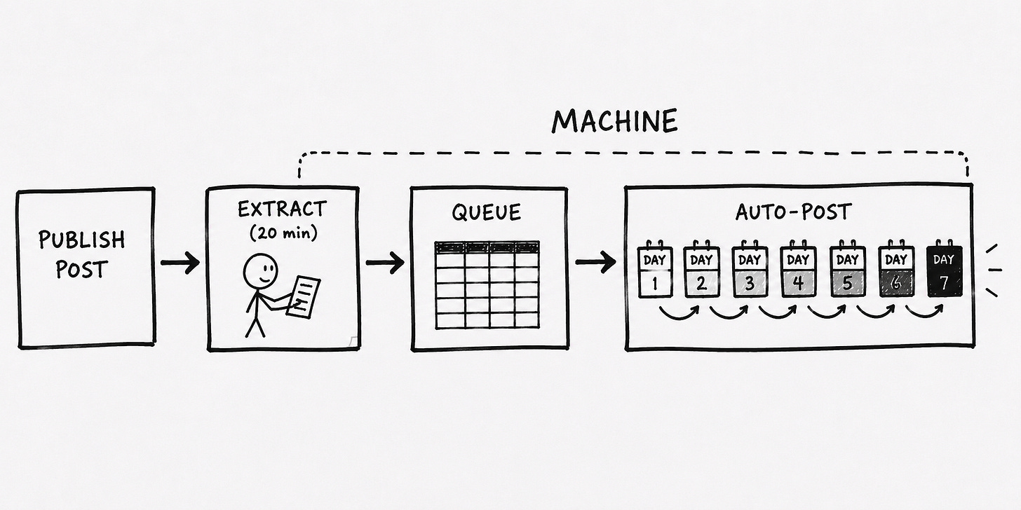 Flow diagram showing the extraction pipeline: Publish Post arrow to Extract (20 min) with stick figure, arrow to Queue shown as a spreadsheet grid, arrow to Auto-Post showing seven calendar days filling in sequence, all enclosed in a dashed box labeled Machine. Illustrates the full Substack Notes extraction and scheduling workflow from a single post.