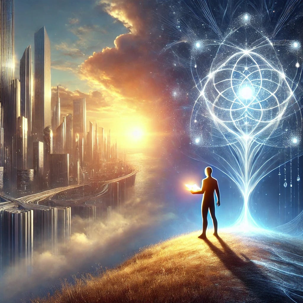 A symbolic and reflective image representing the convergence of liberalism and the singularity. The scene shows a human figure standing at the edge of a futuristic city bathed in soft, ethereal light, symbolizing intellectual enlightenment. In one hand, the figure holds a glowing book, representing liberal values like knowledge and freedom, while in the other, a luminous orb symbolizing artificial intelligence and the singularity. The sky is a blend of deep blues and radiant golds, evoking both the uncertainty and hope of the future. In the background, towering structures merge seamlessly with organic shapes, symbolizing the harmony between humanity and technology. The overall atmosphere is serene, thought-provoking, and optimistic. A symbolic and reflective image representing the convergence of liberalism and the singularity. The scene shows a human figure standing at the edge of a futuristic city bathed in soft, ethereal light, symbolizing intellectual enlightenment. In one hand, the figure holds a glowing book, representing liberal values like knowledge and freedom, while in the other, a luminous orb symbolizing artificial intelligence and the singularity. The sky is a blend of deep blues and radiant golds, evoking both the uncertainty and hope of the future. In the background, towering structures merge seamlessly with organic shapes, symbolizing the harmony between humanity and technology. The overall atmosphere is serene, thought-provoking, and optimistic.