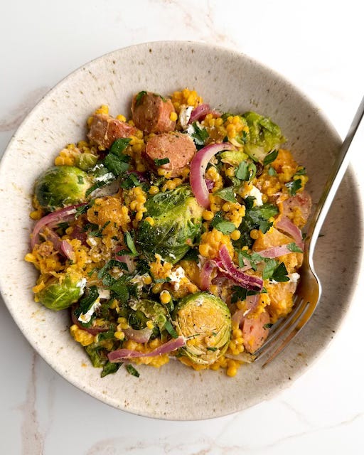 Autumn Sheet-Pan Pearl Couscous with Spicy Chicken Sausage & Goat Cheese