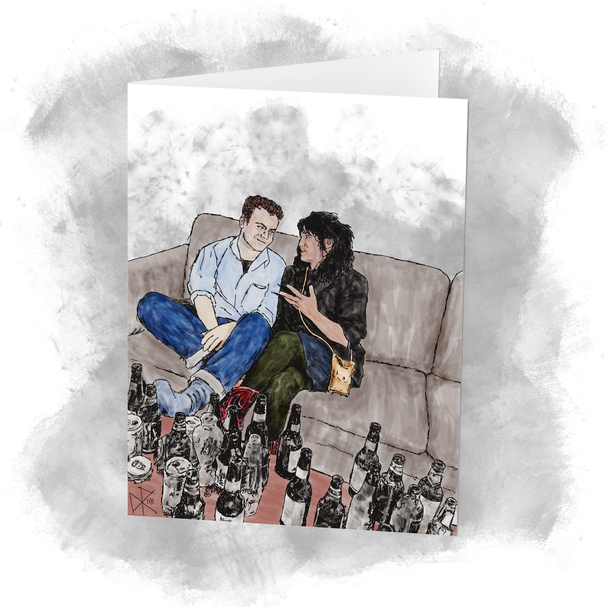 Two young folks happily chatting as they sit immediately next to each other on a sofa, hips and shoulders touching. The coffee table in front of the sofa is heavily crowded by empty beer bottles and cans. Sketch art by Don Rice.