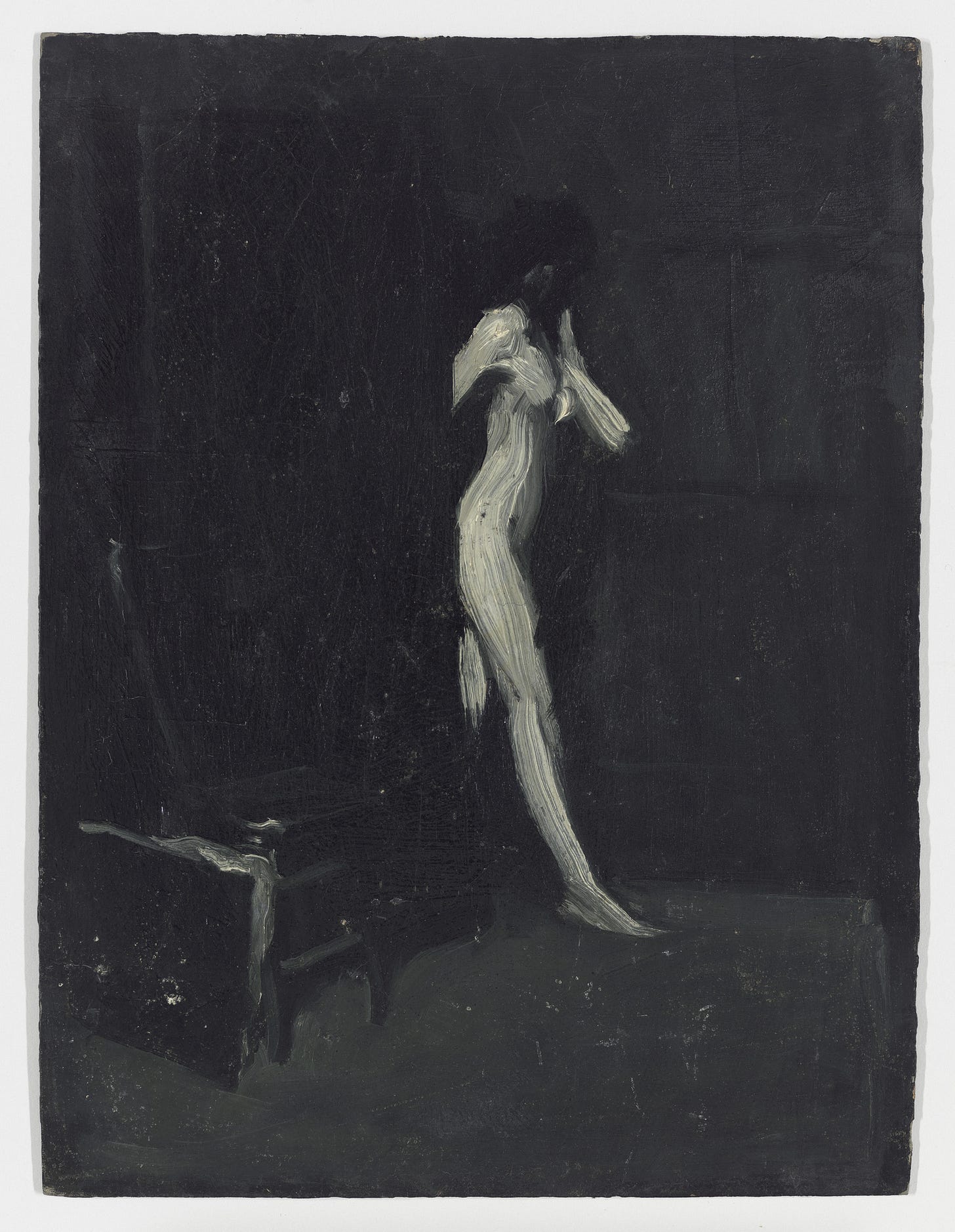 A painting depicting a ghostly white figure of a woman standing in a dark, shadowy room with her back to the viewer. The figure appears ethereal, with brush strokes that give a sense of movement or otherworldliness. A small, indistinct object or figure is visible to the left in the darkness. The overall mood is somber and mysterious.