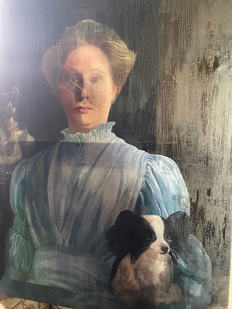 Various photos of our day at West Horsley, including a bear, lady Button's portrait and the girls posing next to a cardboard Pat