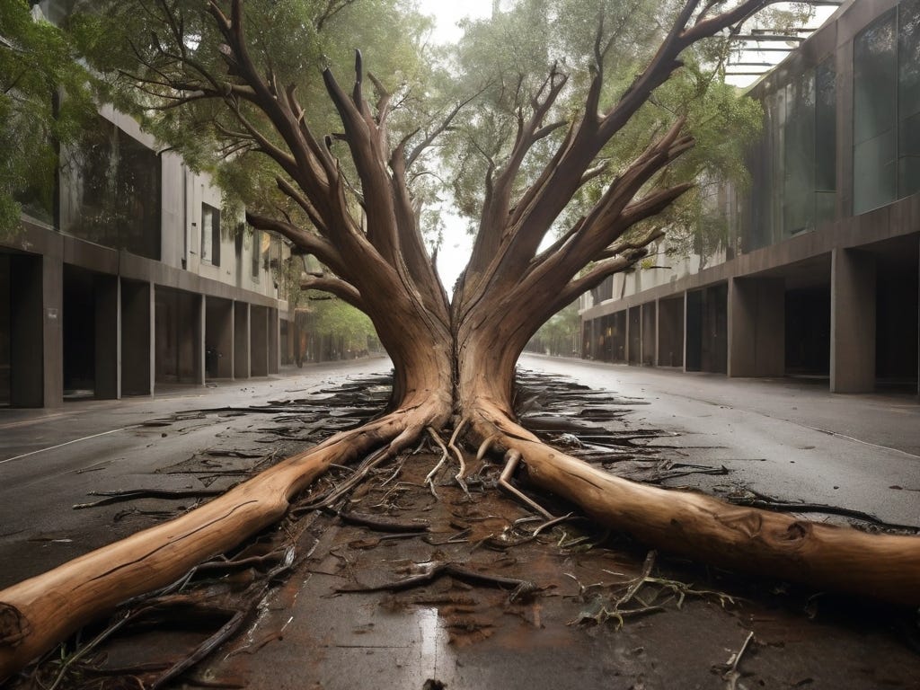 Art of tree split down the middle and fallen