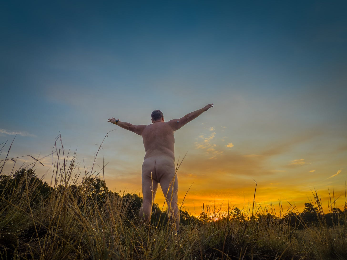 A low-angle, back-view photograph of a nude man standing in a grassy field with his arms outstretched toward a vibrant sunset or sunrise sky. The man is facing away from the camera. The foreground is dominated by tall, backlit grasses, possibly still wet with dew. The horizon shows a dark silhouette of trees, and the sky is a striking gradient, transitioning from deep blue at the top to bright orange and yellow near the horizon.