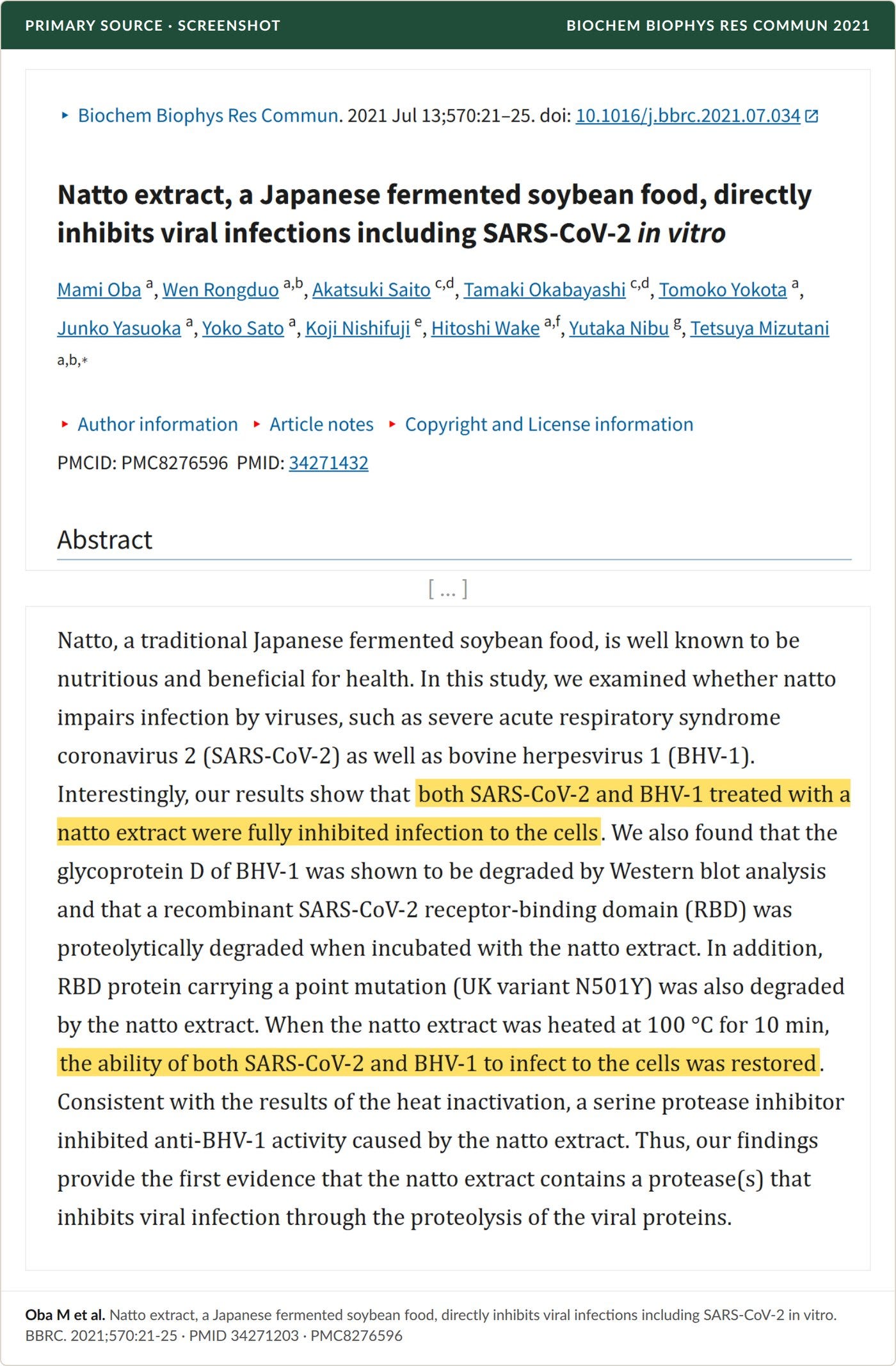 Oba et al., BBRC 2021: natto extract fully blocked SARS-CoV-2 and BHV-1 infection of cells; heating to 100 °C restored infectivity, confirming a protease mechanism.