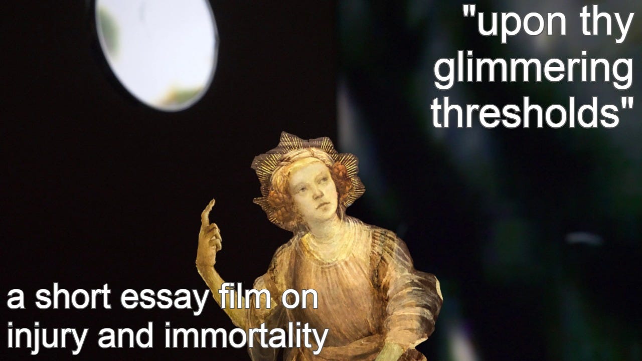 a thumbnail image for my film "Upon Thy Glimmering Thresholds." The screenshot used is a blurry, almost abstract image of a round mirror reflecting a screen, and laid overtop an image of the oracle Sibyl