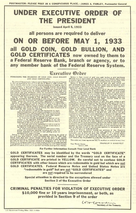 1933 FDR Gold Confiscation Notice – Executive Order
