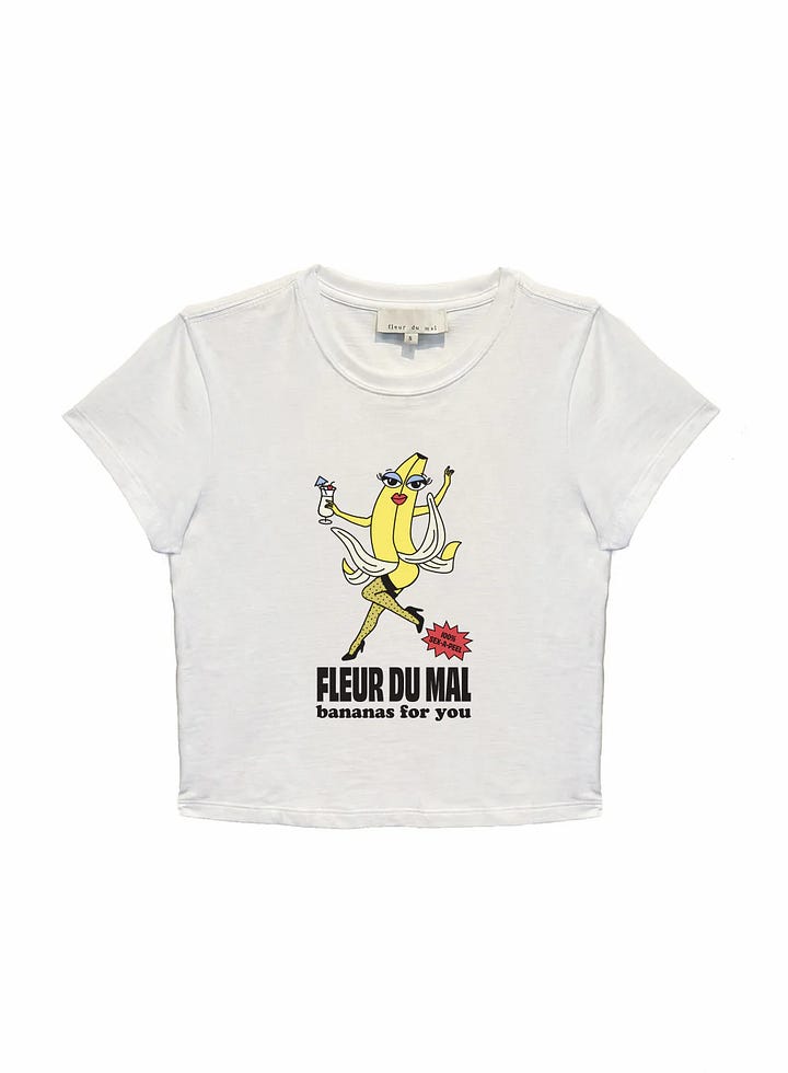 An image of a soft serve ice cream in a cup next to another image of a T-shirt with a walking banana.