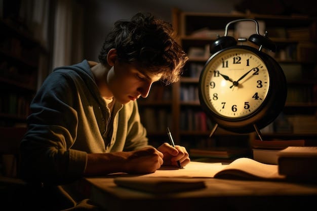 A man is sitting at a desk focused on writing while an alarm clock sits in