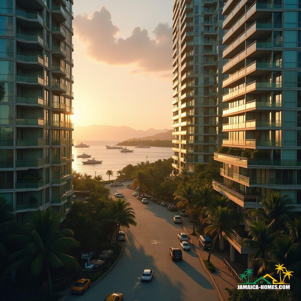 High-rise condos soaring above Montego Bay’s coast, reflective glass towers with tropical greenery spiraling upward, elevated walkways crossing between buildings, fishing boats on the water below 