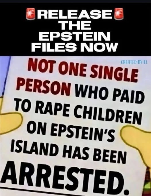 May be an image of text that says 'RELEASE THE EPSTEIN FILES NOW NOT ONE SINGLE CREATED BY EL PERSON WHO PAID to RAPE CHILDREN ON EPSTEIN'S ISLAND HAS BEEN ARRESTED.'